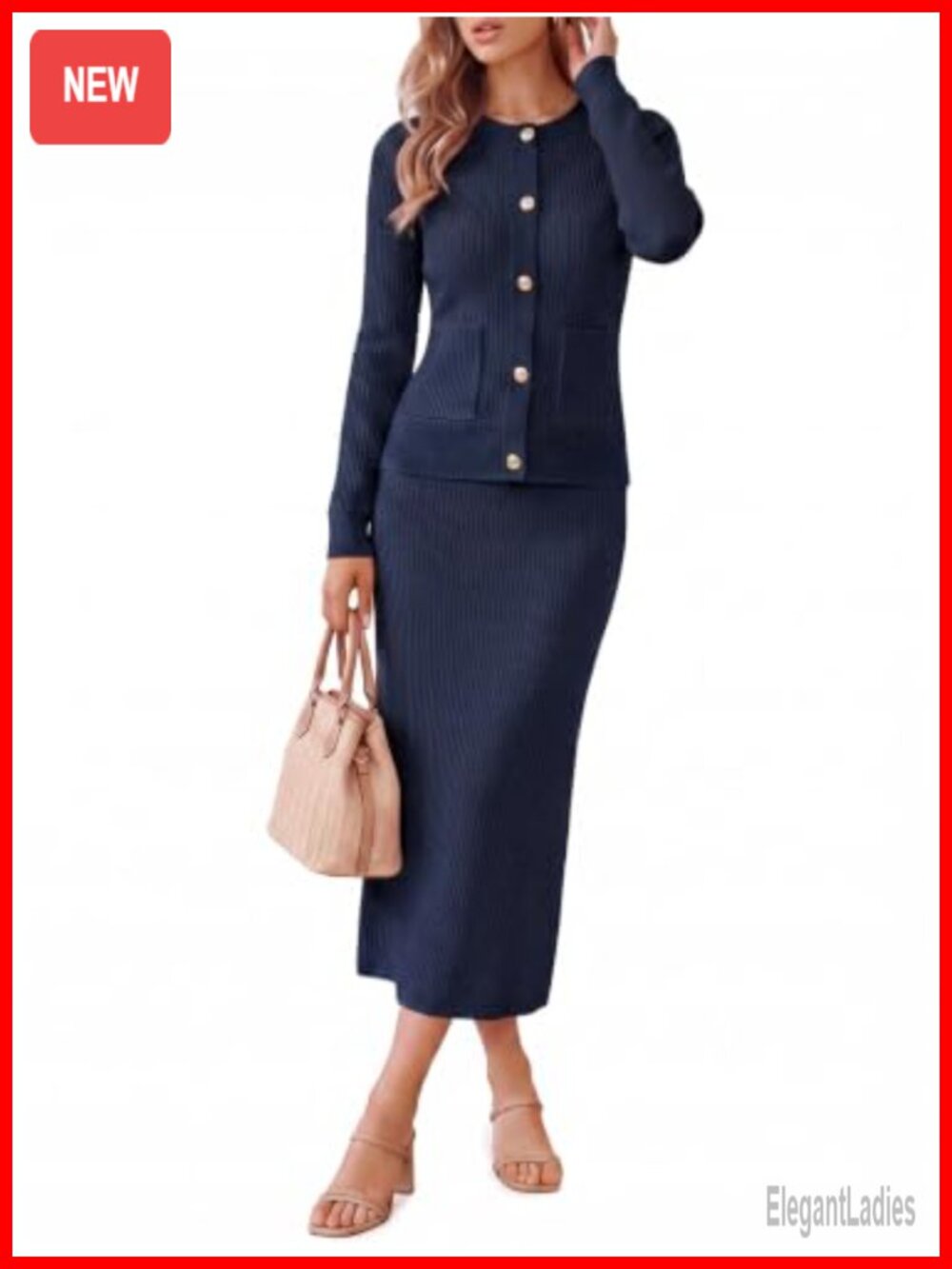Ribbed Knit 2 Piece Cardigan and Maxi Skirt Set Long Sleeve Button Down